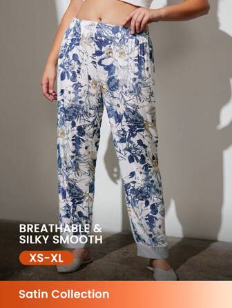 LUVLETTE 缎面大花朵女士睡裤风格裤子内衣外穿