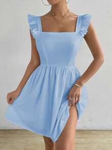 SHEIN LUNE Vestido sólido con cordón trasero y ribete de volantes - Azul - Ver 4