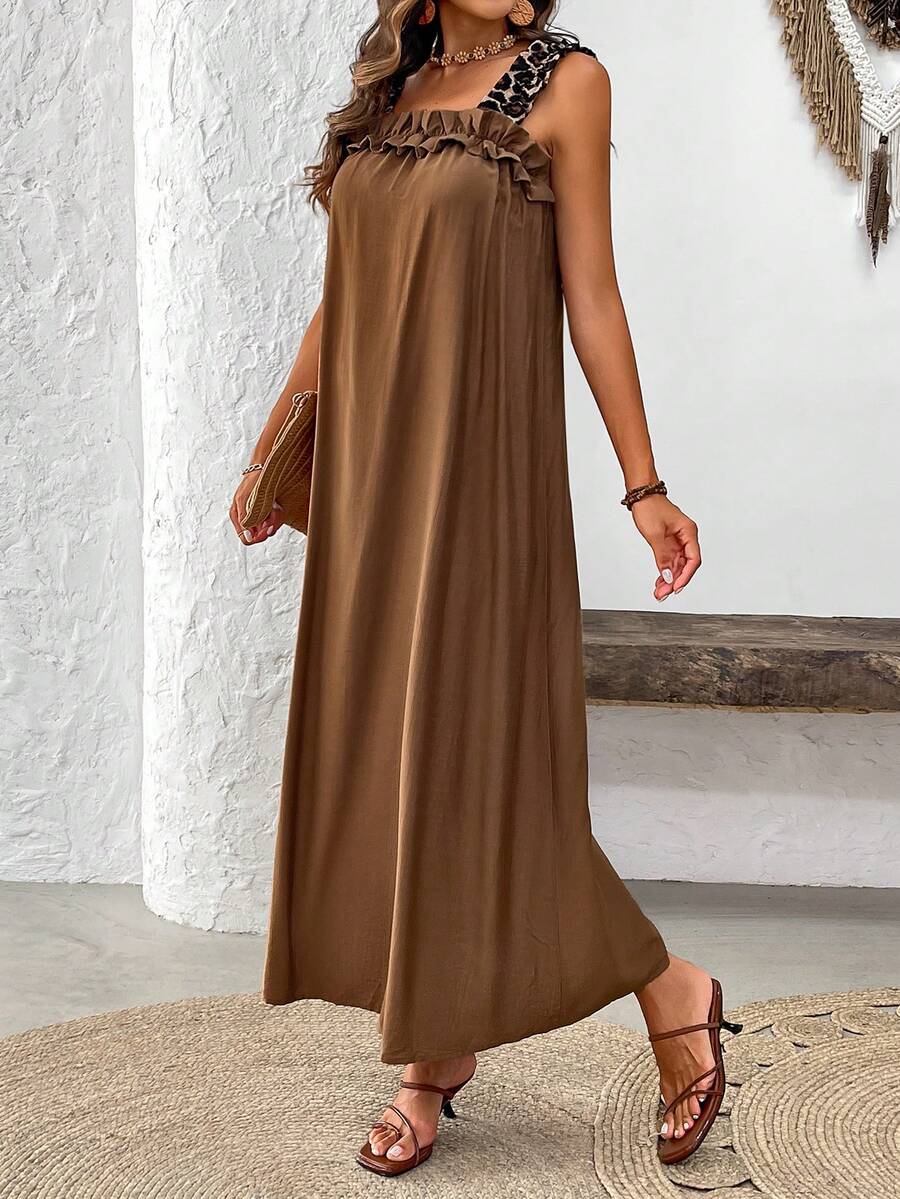 SHEIN LUNE Women's Leopard Print Shoulder Strap Ruffle Hem Sleeveless Vacation Casual Dress