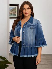 EMERY ROSE Plus Raw Trim Flounce Sleeve Ruffle Hem Denim Jacket - Medium Wash - View 4