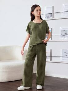 SHEIN Tween Girl Knitted Casual Fit T-Shirt And Wide Leg Pants Casual 2pcs Set