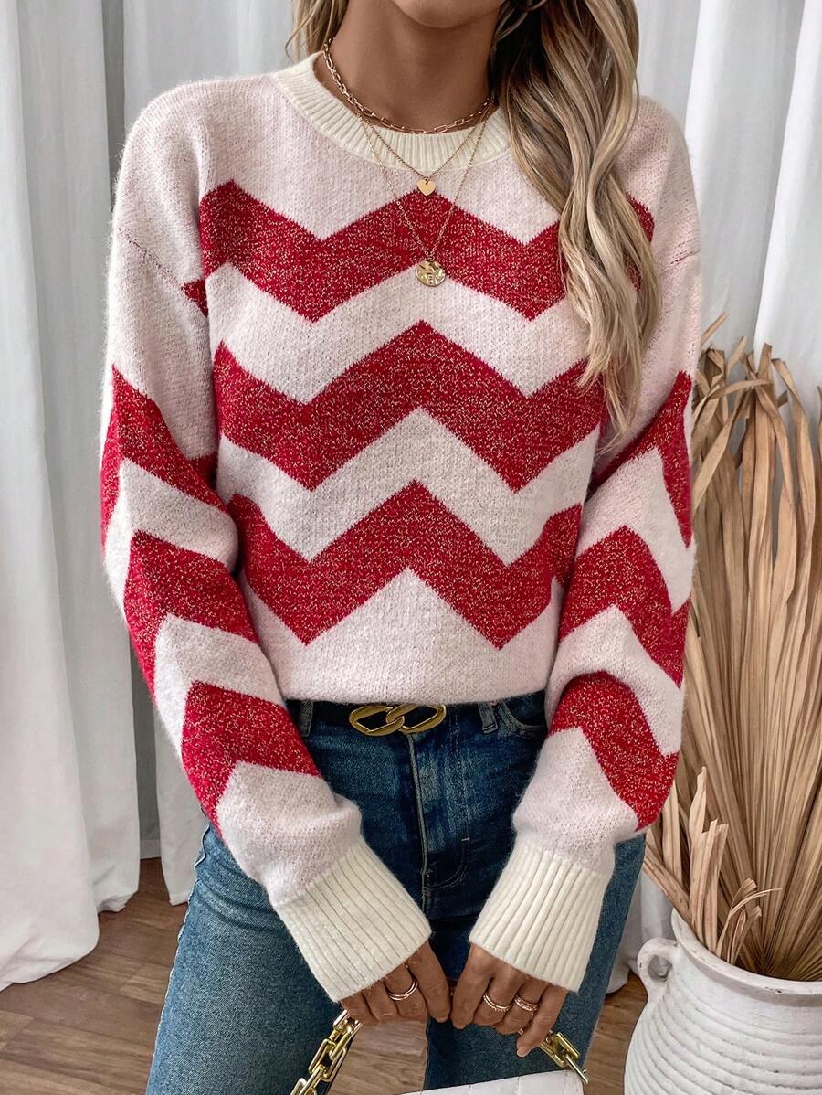 SHEIN LUNE Women's Loose Fit Casual Round Neck Pullover Sweater With Drop Shoulder And Wavy Stripes, Autumn/Winter, Knit Pullover Fall - Multicolor - View 1