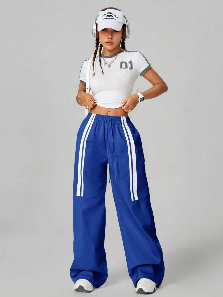 SHEIN EZwear Women's Streetwear Back To School Contrast Color Striped Low-Waist Bright-Color Pink Long Pants, Spring Summer - Royal Blue - View 1
