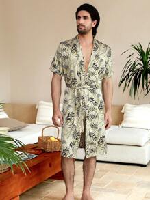 Manfinity ChillVibe Men Tropical Print Belted Robe & Shorts - Yellow - View 3