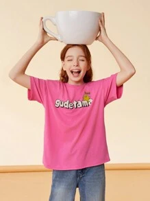 Gudetama X SHEIN Tween Girls' Cartoon Printed Pink Casual Short Sleeve T-Shirt, Cute And Lively