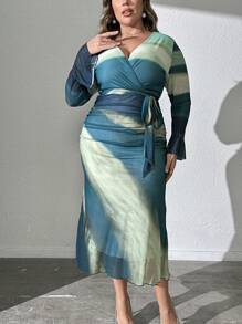 Modelyn 大码女式印花简约日常长袖连衣裙，超长紧身连衣裙，适合盛装活动/婚礼/派对 - 彩色 - 查看 1