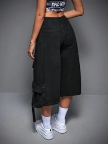 SHEIN ICON Quần Jeans Capri Denim Ống Rộng Dáng Rộng Cho Nữ Có Nhiều Túi Đựng Đồ Công Sở - màu đen - Xem 2
