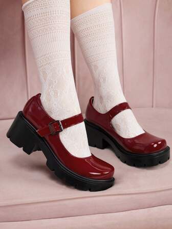 CUCCOO DOLLMOD Nouvelles chaussures à boucle rouge et plateforme pour femmes avec talon compensé, style mode Mary Jane pour les vacances d'été, en soldes d'été, pour Halloween, Noël, automne - BORDEAUX Mary Jane