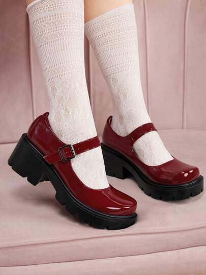 CUCCOO DOLLMOD Kvinnor Nyår Röd Spänne Detalj Plattform Kil Fashionabla Mary Jane Skor För Sommarlov Skor Sommarrea Halloween Jul Höst BURGUNDY Mary Jane