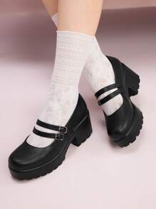 CUCCOO DOLLMOD Women Double Buckle Decor Platform Shoes, Elegant Black Mary Jane Shoes For Summer Vacation Shoes Summer Christmas Fall New Year Holiday