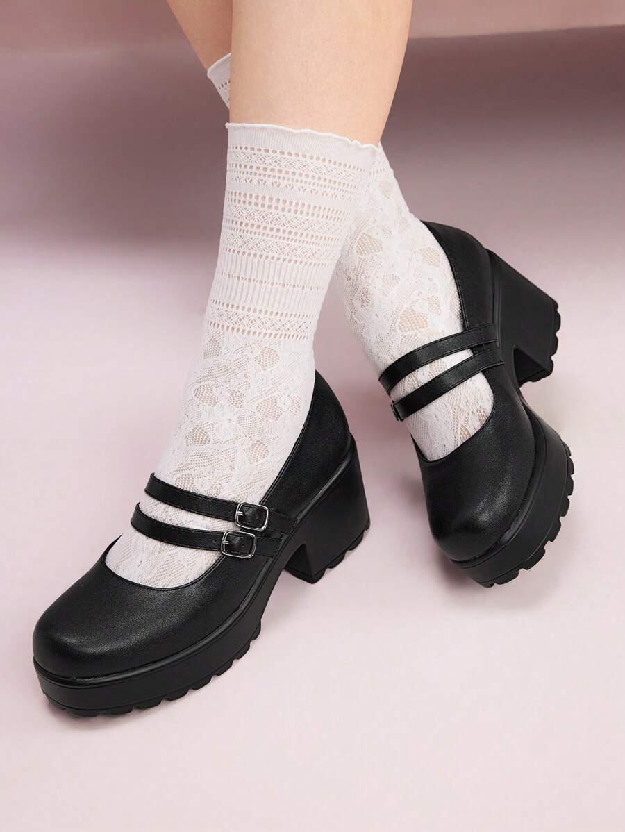 CUCCOO DOLLMOD Women Double Buckle Decor Platform Shoes, Elegant Black Mary Jane Shoes For Summer Vacation Shoes Summer Christmas Fall New Year Holiday