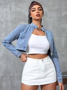 SHEIN EZwear Solid Color Zipper Closure Casual Long Sleeve Denim Jacket - Light Wash - View 7