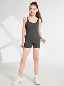 SHEIN Tween Girls' Dark Gray Colorblock Tank Romper, Yoga - Dark Grey - View 5