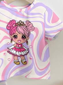 SHEIN 女婴休闲卡通少女图案短袖圆领上衣和长裤套装，适合春夏季 - 彩色 - 查看 3