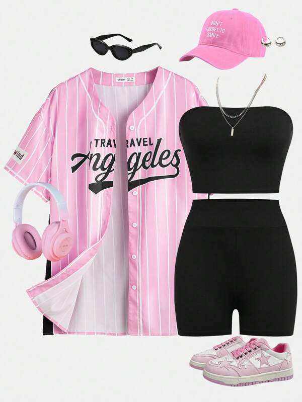 SHEIN Girlism Teen Mädchen gestreiftes gewebtes Hemd, Tank Top und Shorts lässiges 3 Stücke Set