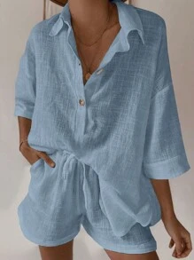 SHEIN EZwear 女性灰藍色編織襯衫和短褲夏季休閒套裝 - 霧霾藍 - 查看 1