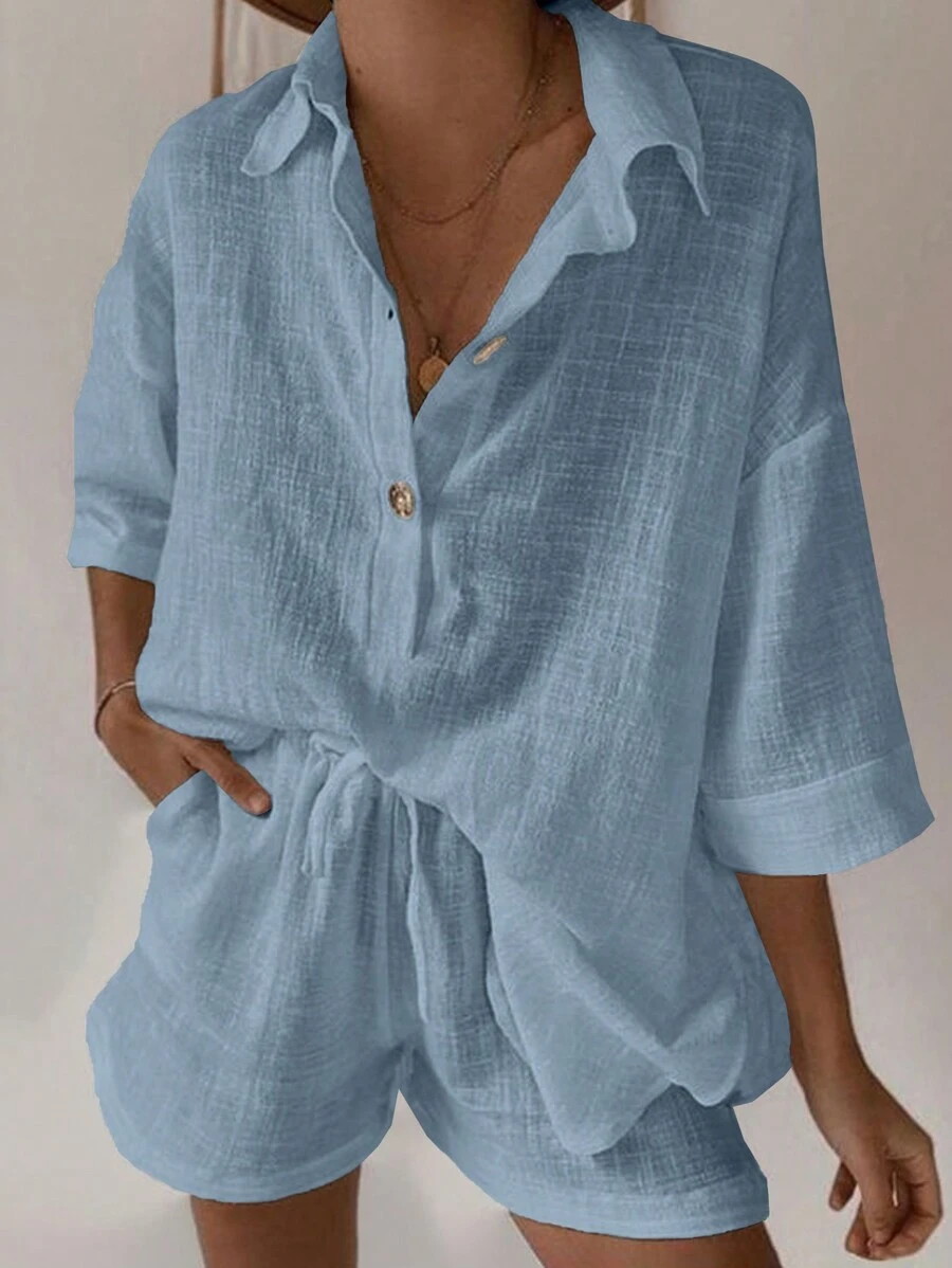 SHEIN EZwear 女性灰藍色編織襯衫和短褲夏季休閒套裝 - 霧霾藍 - 查看 1