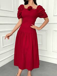 Modelyn Weinrote Damen Einfarbiges einfaches Alltagskleid im Arabeskenstil mit 3D Blumendekoration