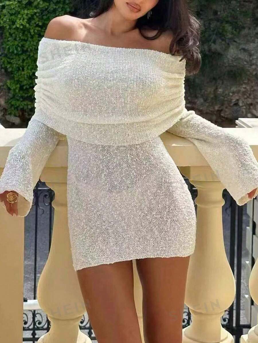 INAWLY Vestido de punto elegante y suave para mujer con mangas largas acampanadas y estilo hombros descubiertos