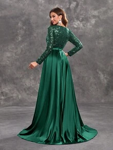 YISIKADO Váy dạ hội dài tay cổ tròn bằng vải satin sequin tương phản dành cho nữ, váy maxi thanh lịch, kín đáo, dành cho khách dự tiệc cưới, tiệc tốt nghiệp, tiệc tối - Màu xanh lá cây đậm - Xem 3