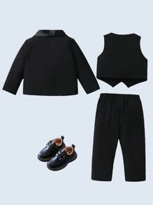 3pcs Baby Boy Suit Set, Black Lapel Jacket, Vest And Pants, Gentleman Style For Birthday Party, Christening, 1st Birthday, Formal Events, Wedding,In Fall/Winter - Black - View 2