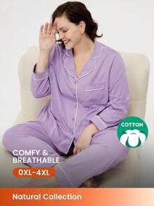 LUVLETTE Autumn And Winter Women's Plus-Size Purple Soft 100% Pure Cotton Pajama Set Lapel Top And Pants Basic Long Women Pajama Set Lounge Set Fall Pajamas