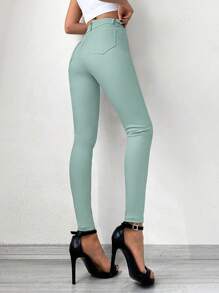 Cottnline Solid Cropped Skinny Jeans - Mint Green - View 2