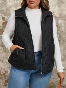 SHEIN VCAY Plus Zip Up Quilted Vest Coat , Black - Black - View 1