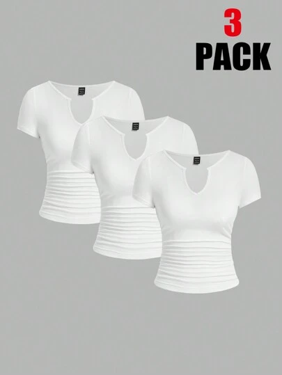 SHEIN EZwear Women's Summer Solid Color Short Sleeve Notch Neck Ruched T-Shirt Set Of 3