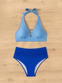 SHEIN Swim 女士夏季海灘彩色拼接露背頸帶性感比基尼套裝 - 彩色 - 查看 1