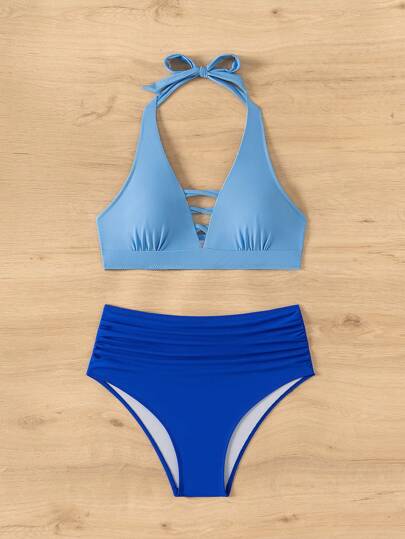 SHEIN Swim Women's Summer Beach Color Block Halter Neck Tie Sexy Bikini Set