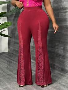 SHEIN SXY Plus Quần ống loe ren tương phản cho mùa hè - Màu Đỏ Sâu - Xem 4