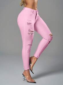 SHEIN SXY 實心撕裂生邊窄腳牛仔褲