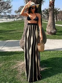 SHEIN Tall Knit Skirt With Ripple, For Summer Beach Vacation - Black and White - View 6