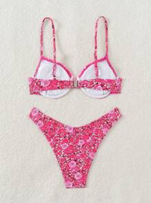 SHEIN Swim 女士分割式比基尼套裝，帶鋼托支撐，夏日沙灘隨機印花 - 彩色 - 查看 2