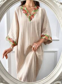Al Najma Damen elegantes Kleid mit floraler Stickerei und Fledermausärmeln, langer, bescheidener Kaftan-Stil Arabisches Kleid für den Sommer