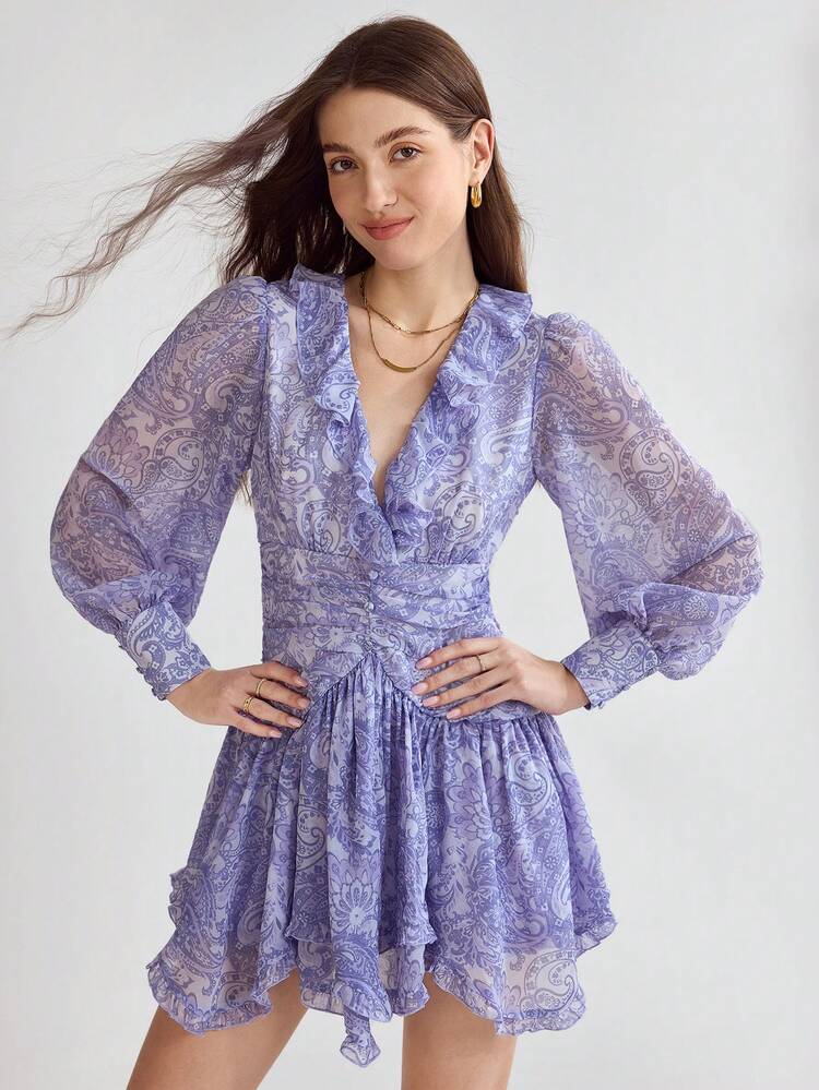 Elegante vestido com Babado Inferior Estampado para Mulheres, Primavera/Verão
