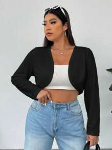 SHEIN EZwear Plus Solid Open Front Crop Jacket For Dailywear Winter Fall Autumn - Black - View 4