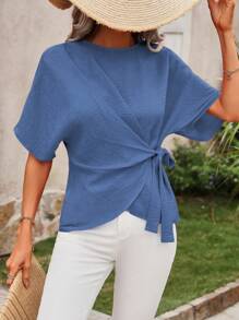SHEIN LUNE Solid Color Batwing Sleeve Wrap Tie Shirt - Blue - View 3