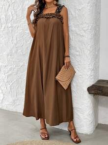 SHEIN LUNE Women's Leopard Print Shoulder Strap Ruffle Hem Sleeveless Vacation Casual Dress