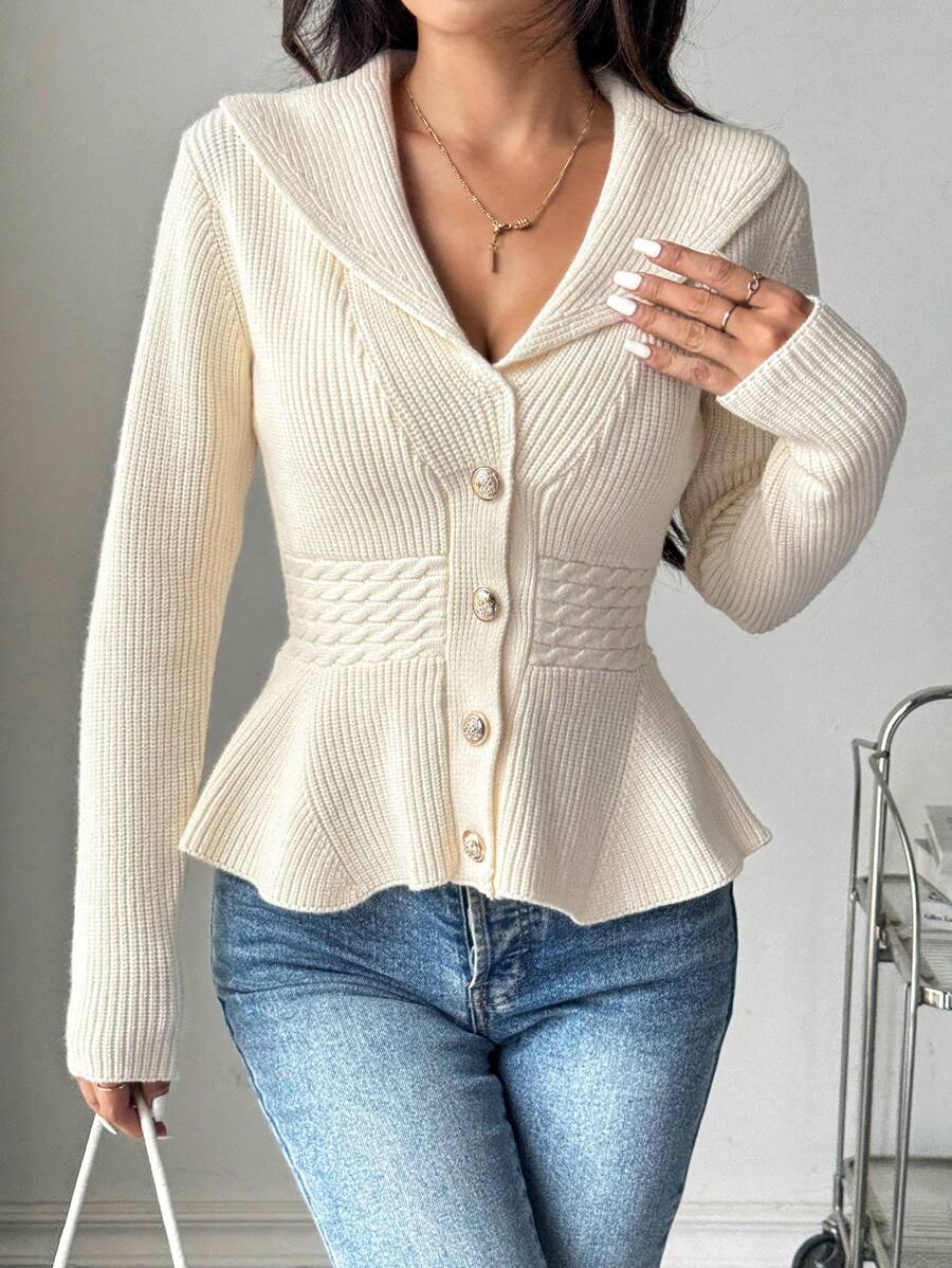 SHEIN LUNE 女式春秋纯色翻领长袖开衫，带荷叶边下摆和单排扣纽扣