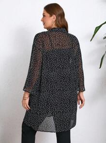 SHEIN Clasi 加大碼波點印花鈕扣透視捲起袖休閒襯衫 - 黑與白 - 查看 2