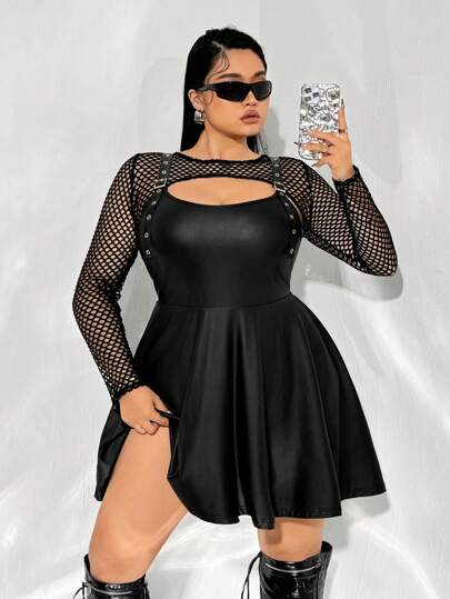 SHEIN ICON 大码 PU 皮革拼接网眼连衣裙，适合冬季