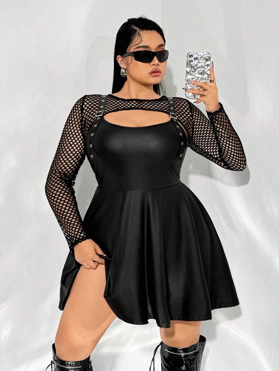 SHEIN ICON Plus Size PU Leather Spliced Mesh Dress, For Winter - Black - View 1
