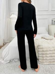 Lace Patchwork Long Sleeve Top And Pants Set, Daily Casual Wear Lounge Set