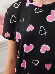 SHEIN Tween Girl Cartoon Heart Patterned Loose Fit Knit Pajama Set, Including Short Sleeve T-Shirt And Shorts, Sold Separately In 2 Sets As Mommy And Me Matching Outfits - Multicolor - View 4