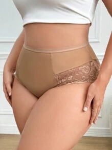 SHEIN Quần lót nữ có ren chắp vá cỡ lớn, 1 cái - Màu be - Xem 4