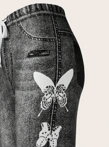 SHEIN LUNE Women's Butterfly Tie-Waist Denim Effect Slim Fit Casual Pants Fall Cloth For Women - Multicolor - View 3