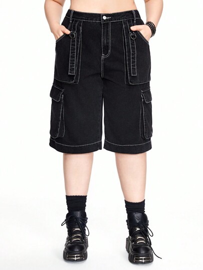 Grunge Punk Große Größen Straight Leg Cargo-Jeans im Street-Punk-Stil, lose, schwarz, 7/8 Länge, Boyfriend-Lässig, vielseitig