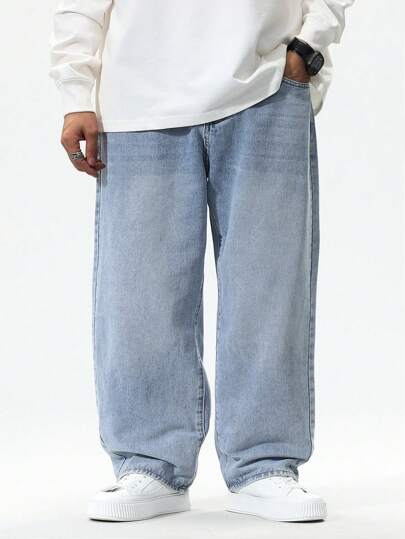 Manfinity EZcore Herr Plus Size Casual Löst tvättade jeansjeans, vanligt långtvättade babyblå baggy cargo jeans lätta jeans, för make, pojkvänspresenter